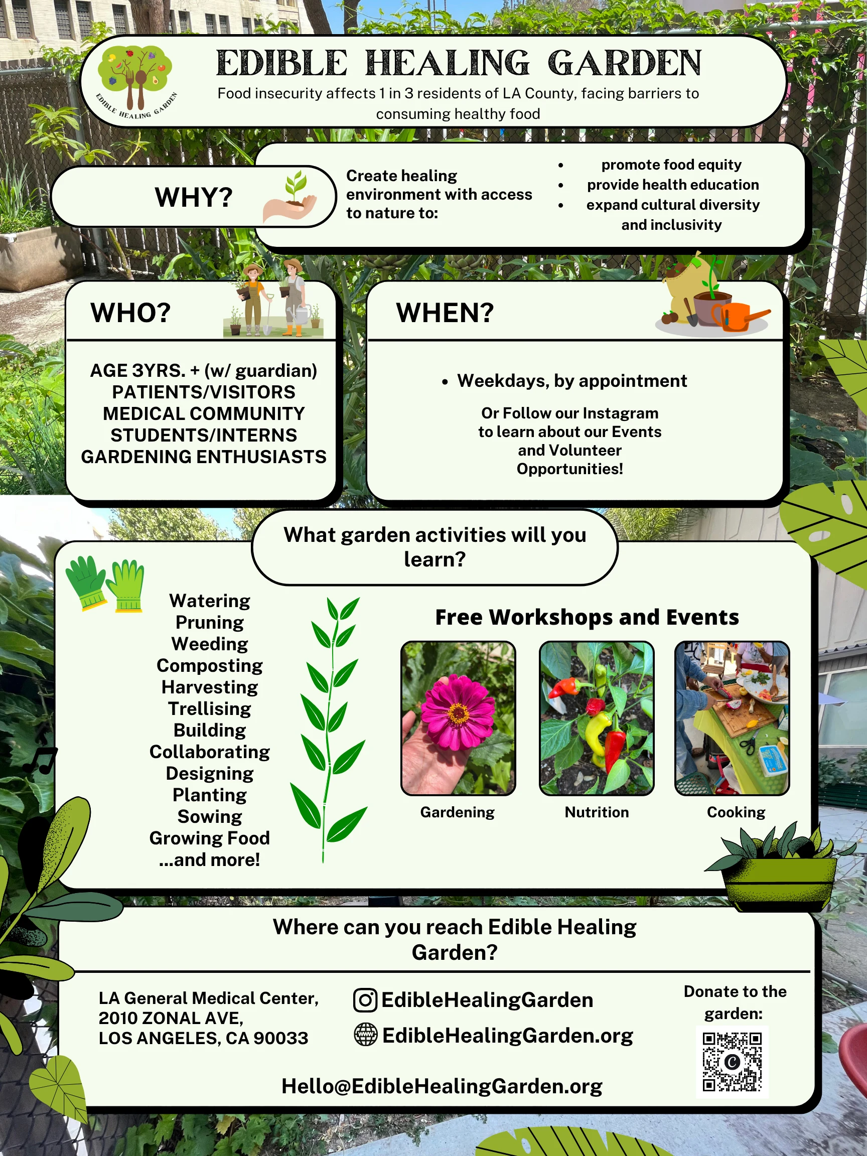 Edible Healing Garden flyer covering why the garden exists, who can join, when to visit, activities you will learn, free workshops, and how to reach the garden